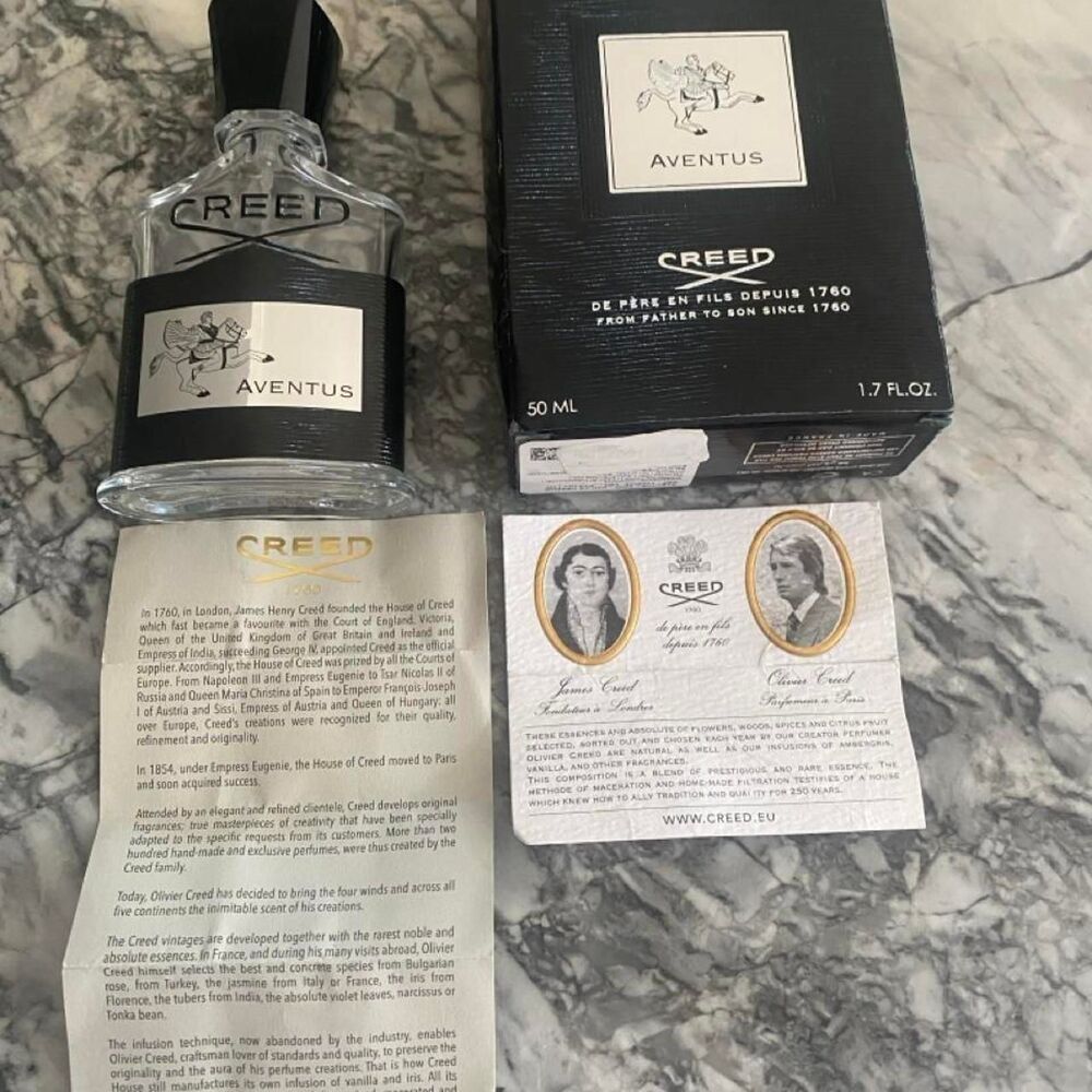 Men's Empty Bottle of Creed Aventus Box and Paperwork